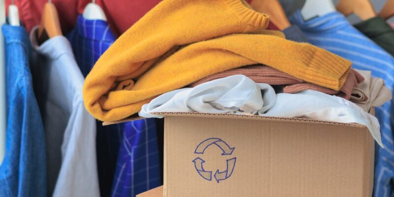 A woman sorts clothes on a hanger into a donation box